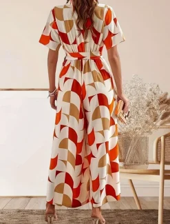 Women's Normal Jumpsuit Active Geometric Short Sleeve Wide Leg V Neck Lace up High Waist Vacation Daily Regular Fit Orange Green Summer