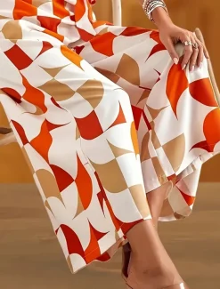 Women's Normal Jumpsuit Active Geometric Short Sleeve Wide Leg V Neck Lace up High Waist Vacation Daily Regular Fit Orange Green Summer