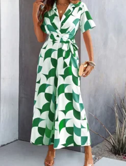 Women's Normal Jumpsuit Active Geometric Short Sleeve Wide Leg Shirt Collar Lace up High Waist Vacation Daily Regular Fit Black Red Green Summer