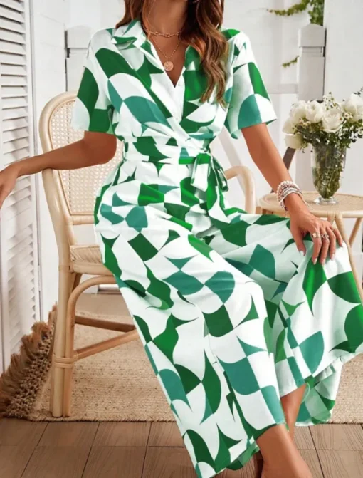 Women's Normal Jumpsuit Active Geometric Short Sleeve Wide Leg Shirt Collar Lace up High Waist Vacation Daily Regular Fit Black Red Green Summer