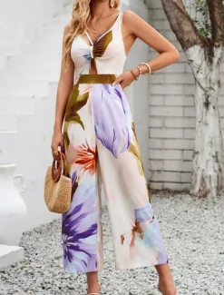 Women's Normal Jumpsuit Active Floral Sleeveless V Neck High Waist Vacation Daily Regular Fit Purple Orange Summer