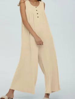 Women's Normal Jumpsuit Active Solid Color Sleeveless U Neck Buttons Pocket Vacation Daily Regular Fit Black Navy Blue Blue Summer