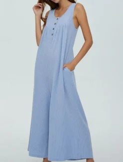 Women's Normal Jumpsuit Active Solid Color Sleeveless U Neck Buttons Pocket Vacation Daily Regular Fit Black Navy Blue Blue Summer