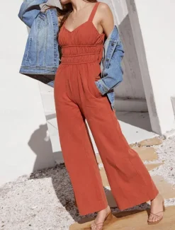 Women's Normal Jumpsuit Active Solid Color Sleeveless V Neck Backless Pocket Vacation Daily Regular Fit Orange Summer