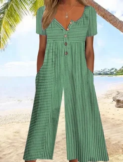 Women's Normal Jumpsuit Active Floral Short Sleeve Wide Leg Round Neck Pocket Print Vacation Daily Regular Fit White Army Green Blue Summer