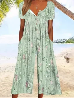 Women's Normal Jumpsuit Active Floral Short Sleeve Wide Leg Round Neck Pocket Print Vacation Daily Regular Fit White Army Green Blue Summer