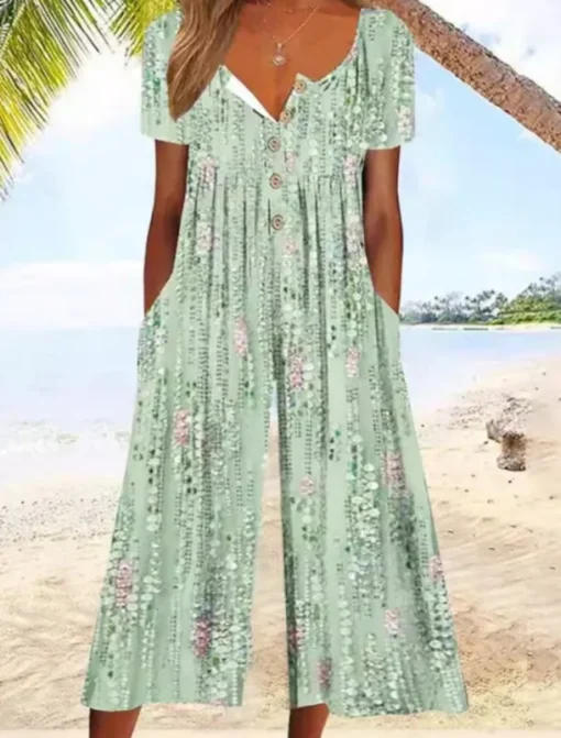 Women's Normal Jumpsuit Active Floral Short Sleeve Wide Leg Round Neck Pocket Print Vacation Daily Regular Fit White Army Green Blue Summer