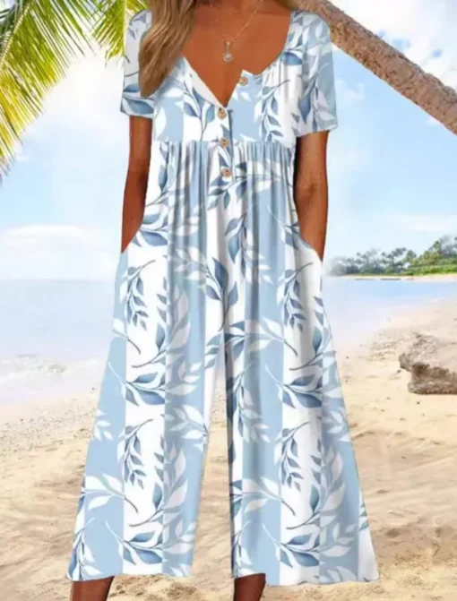 Women's Normal Jumpsuit Active Floral Short Sleeve Wide Leg Round Neck Pocket Print Vacation Daily Regular Fit White Army Green Blue Summer