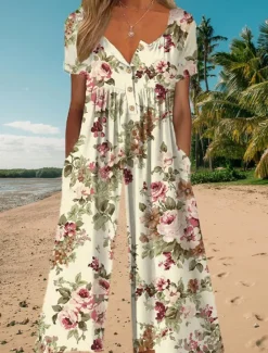 Women's Normal Jumpsuit Active Floral Short Sleeve Wide Leg Round Neck Pocket Print Vacation Daily Regular Fit White Army Green Blue Summer