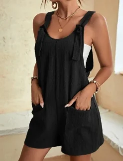 Women's Normal Jumpsuit Basic Solid Color Sleeveless Crew Neck Buttons Pocket Street Daily Regular Fit Black Light Green Pink Summer