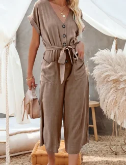 Women's Normal Jumpsuit Basic Solid Color Short Sleeve Shirt Collar Lace up Buttons Street Daily Regular Fit Black Army Green Khaki Summer