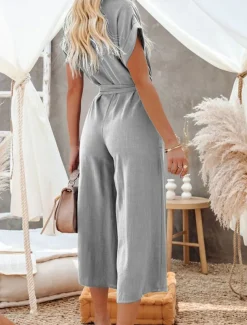 Women's Normal Jumpsuit Basic Solid Color Short Sleeve Shirt Collar Lace up Buttons Street Daily Regular Fit Black Army Green Khaki Summer