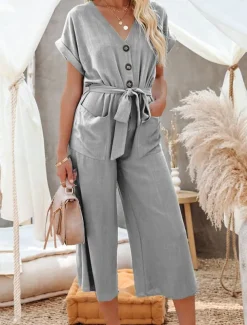 Women's Normal Jumpsuit Basic Solid Color Short Sleeve Shirt Collar Lace up Buttons Street Daily Regular Fit Black Army Green Khaki Summer