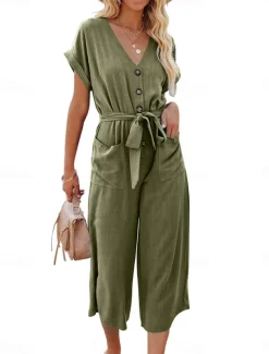 Women's Normal Jumpsuit Basic Solid Color Short Sleeve Shirt Collar Lace up Buttons Street Daily Regular Fit Black Army Green Khaki Summer