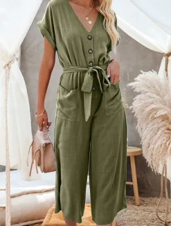 Women's Normal Jumpsuit Basic Solid Color Short Sleeve Shirt Collar Lace up Buttons Street Daily Regular Fit Black Army Green Khaki Summer