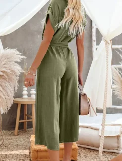 Women's Normal Jumpsuit Basic Solid Color Short Sleeve Shirt Collar Lace up Buttons Street Daily Regular Fit Black Army Green Khaki Summer