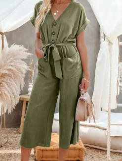 Women's Normal Jumpsuit Basic Solid Color Short Sleeve Shirt Collar Lace up Buttons Street Daily Regular Fit Black Army Green Khaki Summer
