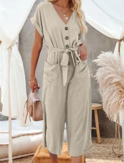 Women's Normal Jumpsuit Basic Solid Color Short Sleeve Shirt Collar Lace up Buttons Street Daily Regular Fit Black Army Green Khaki Summer