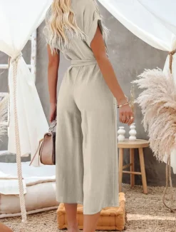 Women's Normal Jumpsuit Basic Solid Color Short Sleeve Shirt Collar Lace up Buttons Street Daily Regular Fit Black Army Green Khaki Summer