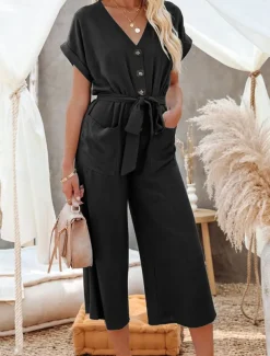 Women's Normal Jumpsuit Basic Solid Color Short Sleeve Shirt Collar Lace up Buttons Street Daily Regular Fit Black Army Green Khaki Summer