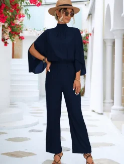 Women's Normal Jumpsuit Elegant Solid Color 3/4 Length Sleeve Batwing Sleeve Wide Leg Turtleneck Pleated Work Loose Fit Black Green Summer