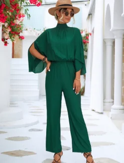 Women's Normal Jumpsuit Elegant Solid Color 3/4 Length Sleeve Batwing Sleeve Wide Leg Turtleneck Pleated Work Loose Fit Black Green Summer