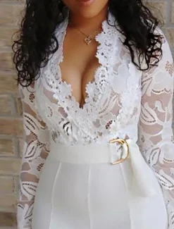 Women's Normal Jumpsuit Elegant Solid Color Long Sleeve V Neck Lace High Waist Wedding Party Regular Fit White Summer