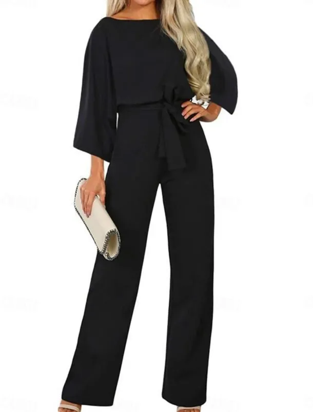 Women's Normal Jumpsuit Elegant Solid Color 3/4 Length Sleeve Crew Neck Lace up High Waist Wedding Office Regular Fit Black Navy Blue Beige Fall