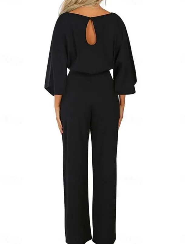 Women's Normal Jumpsuit Elegant Solid Color 3/4 Length Sleeve Crew Neck Lace up High Waist Wedding Office Regular Fit Black Navy Blue Beige Fall