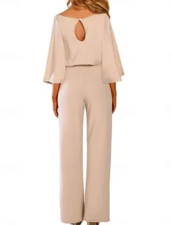 Women's Normal Jumpsuit Elegant Solid Color 3/4 Length Sleeve Crew Neck Lace up High Waist Wedding Office Regular Fit Black Navy Blue Beige Fall