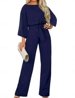 Women's Normal Jumpsuit Elegant Solid Color 3/4 Length Sleeve Crew Neck Lace up High Waist Wedding Office Regular Fit Black Navy Blue Beige Fall