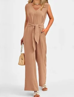 Women's Normal Jumpsuit Elegant Solid Color Sleeveless V Neck Lace up Pocket Office Business Regular Fit Black Wine Army Green Summer
