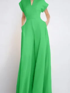 Women's Normal Jumpsuit Elegant Solid Color Short Sleeve V Neck Pocket High Waist Vacation Daily Regular Fit Black Blue Green Summer