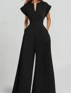 Women's Normal Jumpsuit Elegant Solid Color Short Sleeve V Neck Pocket High Waist Vacation Daily Regular Fit Black Blue Green Summer