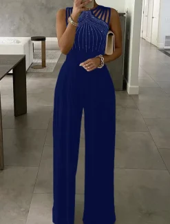 Women's Normal Jumpsuit Elegant Solid Color Sleeveless Round Neck High Waist Cut Out Wedding Party Slim Black Red Blue Fall