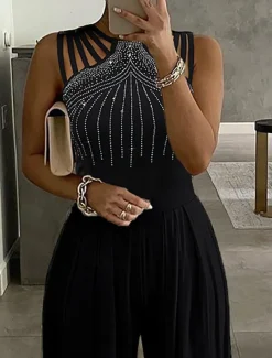 Women's Normal Jumpsuit Elegant Solid Color Sleeveless Round Neck High Waist Cut Out Wedding Party Slim Black Red Blue Fall