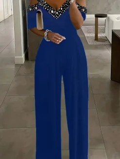 Women's Normal Jumpsuit Elegant Geometric Short Sleeve Wide Leg V Neck Patchwork High Waist Party Work Regular Fit Black Wine Blue Summer