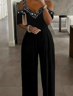 Women's Normal Jumpsuit Elegant Geometric Short Sleeve Wide Leg V Neck Patchwork High Waist Party Work Regular Fit Black Wine Blue Summer