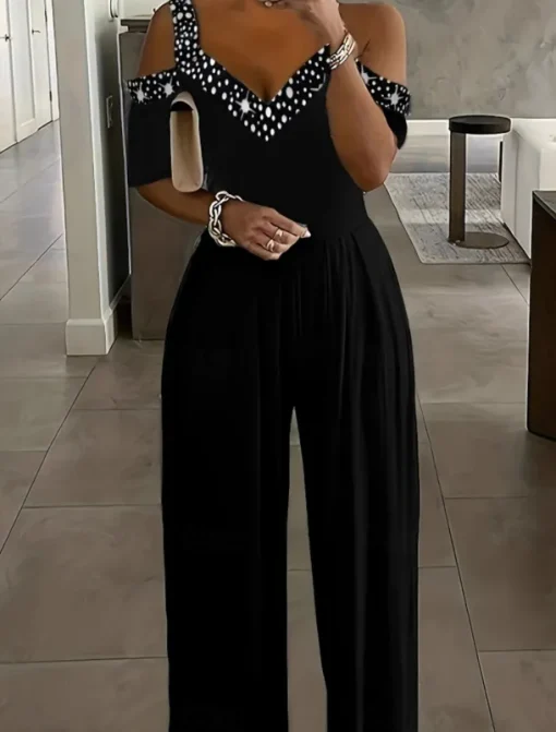 Women's Normal Jumpsuit Elegant Geometric Short Sleeve Wide Leg V Neck Patchwork High Waist Party Work Regular Fit Black Wine Blue Summer