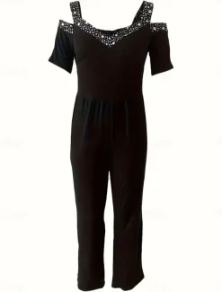 Women's Normal Jumpsuit Elegant Geometric Short Sleeve Wide Leg V Neck Patchwork High Waist Party Work Regular Fit Black Wine Blue Summer