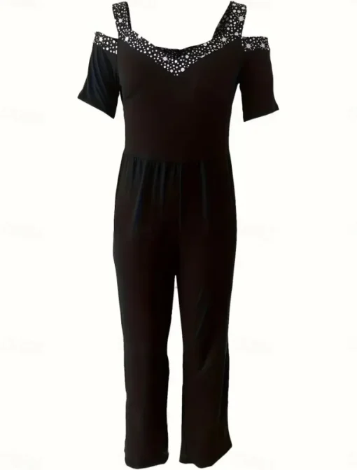 Women's Normal Jumpsuit Elegant Geometric Short Sleeve Wide Leg V Neck Patchwork High Waist Party Work Regular Fit Black Wine Blue Summer