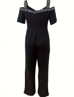 Women's Normal Jumpsuit Elegant Geometric Short Sleeve Wide Leg V Neck Patchwork High Waist Party Work Regular Fit Black Wine Blue Summer