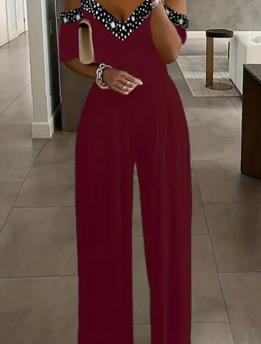 Women's Normal Jumpsuit Elegant Geometric Short Sleeve Wide Leg V Neck Patchwork High Waist Party Work Regular Fit Black Wine Blue Summer