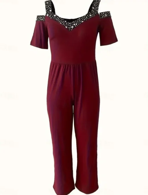 Women's Normal Jumpsuit Elegant Geometric Short Sleeve Wide Leg V Neck Patchwork High Waist Party Work Regular Fit Black Wine Blue Summer