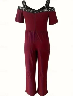 Women's Normal Jumpsuit Elegant Geometric Short Sleeve Wide Leg V Neck Patchwork High Waist Party Work Regular Fit Black Wine Blue Summer