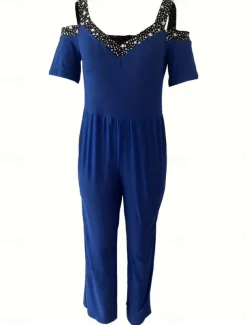 Women's Normal Jumpsuit Elegant Geometric Short Sleeve Wide Leg V Neck Patchwork High Waist Party Work Regular Fit Black Wine Blue Summer