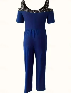 Women's Normal Jumpsuit Elegant Geometric Short Sleeve Wide Leg V Neck Patchwork High Waist Party Work Regular Fit Black Wine Blue Summer
