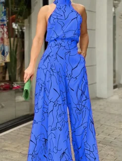 Women's Normal Jumpsuit Elegant Striped Sleeveless Stand Collar Pocket Print Wedding Party Regular Fit Black White Yellow Summer