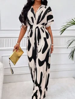 Women's Normal Jumpsuit Elegant Color Block Short Sleeve Butterfly Sleeve V Neck Print Work Daily Regular Fit White Orange Brown Summer