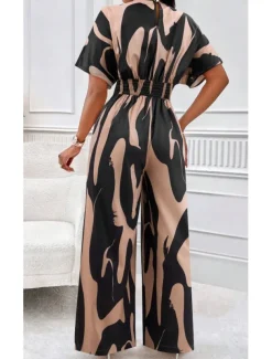 Women's Normal Jumpsuit Elegant Color Block Short Sleeve Butterfly Sleeve V Neck Print Work Daily Regular Fit White Orange Brown Summer